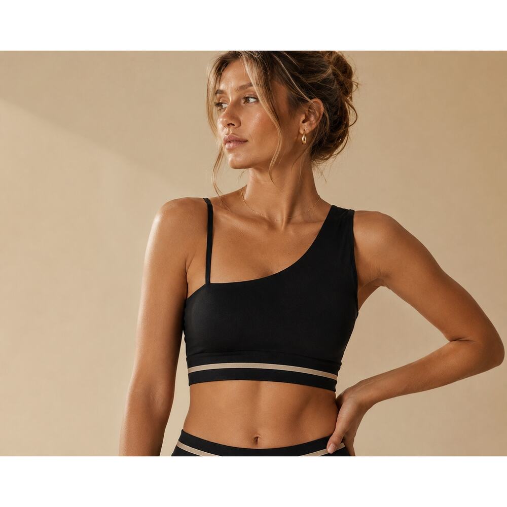Tan + Lines by Sivan Ayla Venice Sports Bra Black One Shoulder Size Small